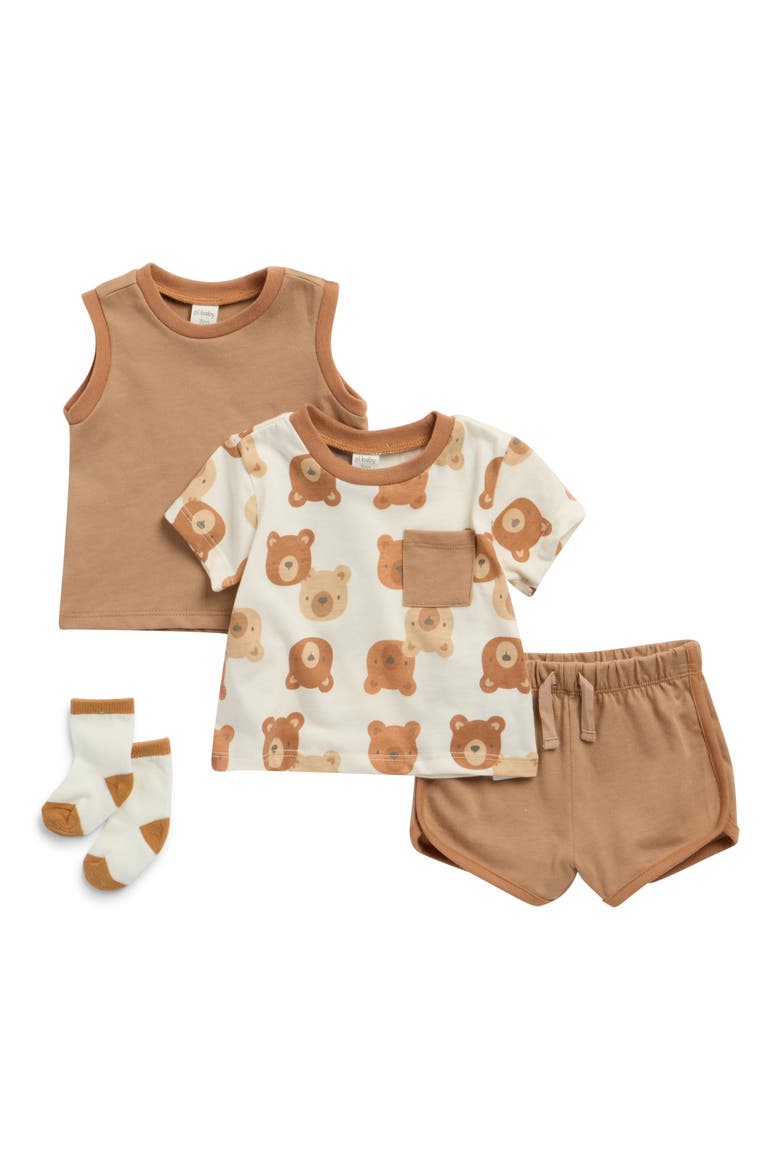 Bear Print Short Sleeve Tee with Coordinating Tank, Shorts & Socks Set, Main, color, BEARS