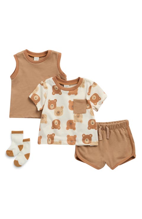 Bear Print Short Sleeve Tee with Coordinating Tank, Shorts & Socks Set (Baby)