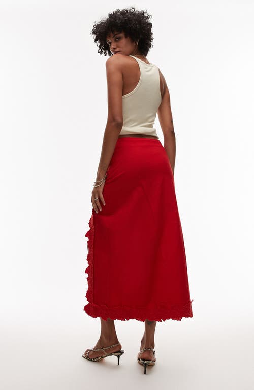 Topshop Floral Embroidered Cotton Midi Skirt In Red
