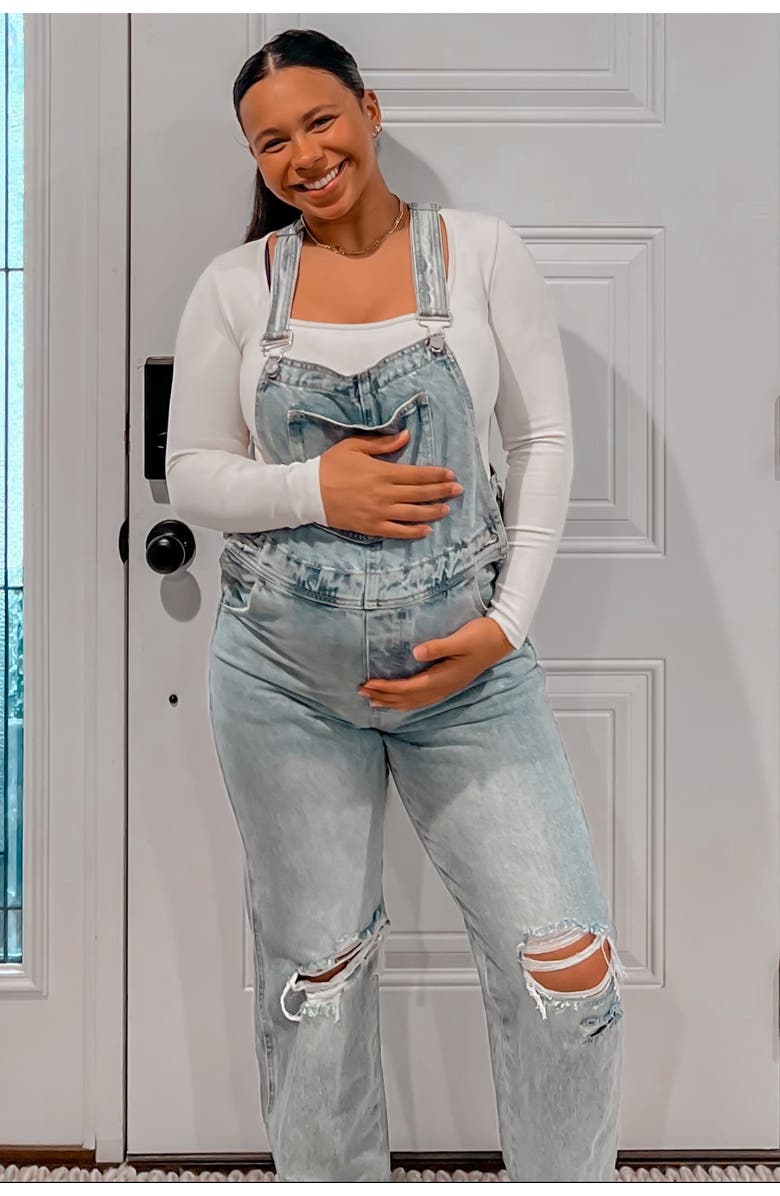 PinkBlush Wash Distressed Maternity Overalls, Alternate, color, Light Blue