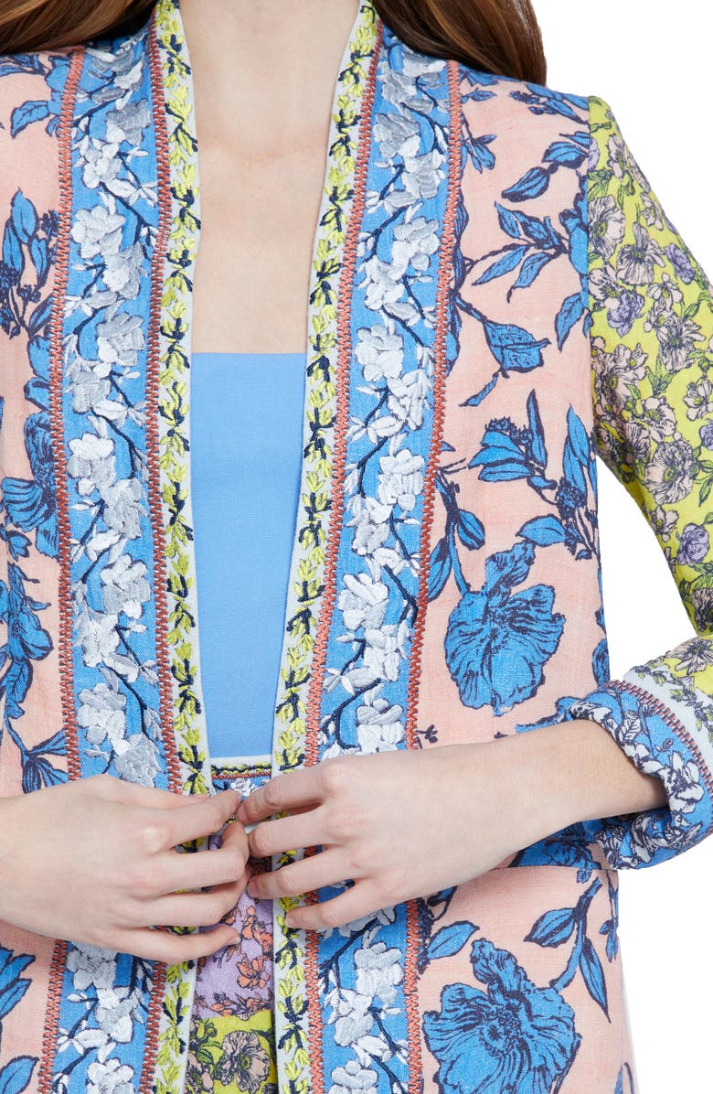 Alice + Olivia Simpson Embroidered Border Linen Blend Long Blazer, Alternate, color,