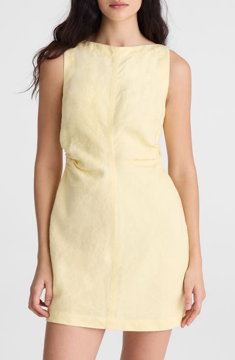 Boat Neck Shirred Linen Minidress