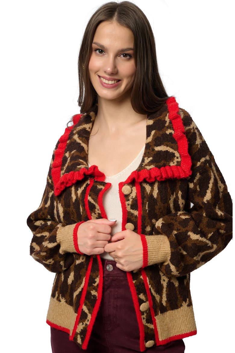 Ruffle Collar Leopard Cardigan, Alternate, color, BROWN
