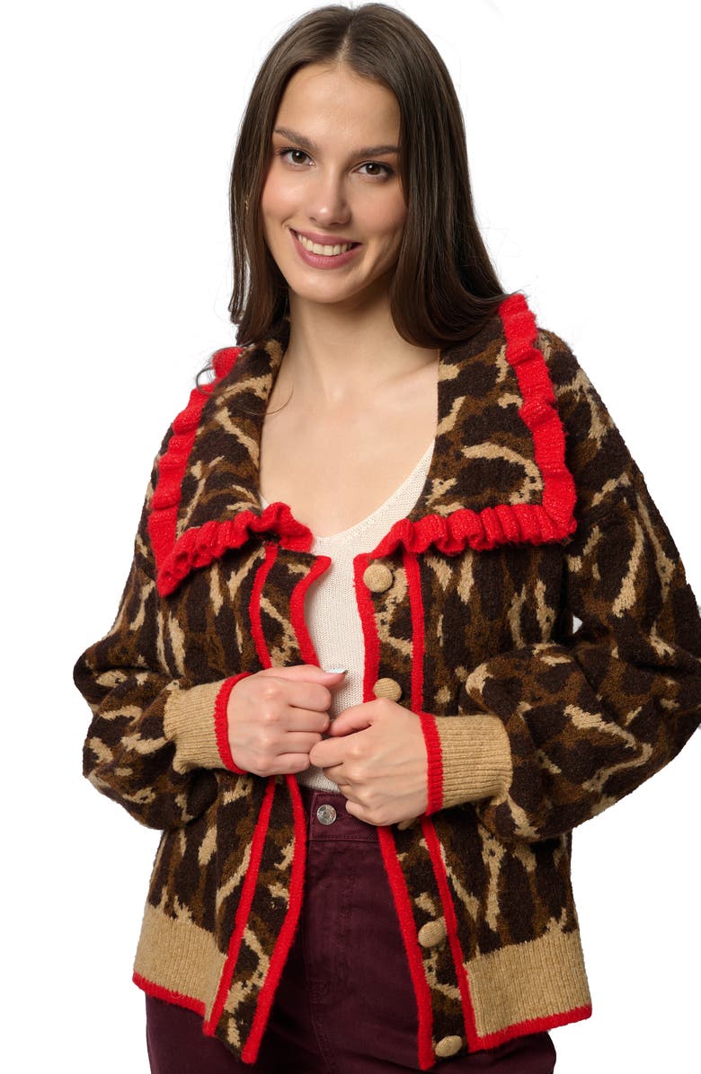 SAACHI Ruffle Collar Leopard Cardigan, Alternate, color, Brown