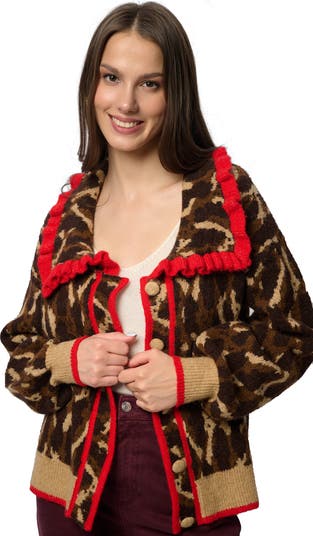 Ruffle Collar Leopard Cardigan