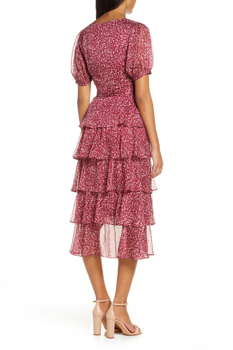 Floral Tiered Chiffon Dress, Alternate, color, BURGUNDY BEET LISBETH FLORAL
