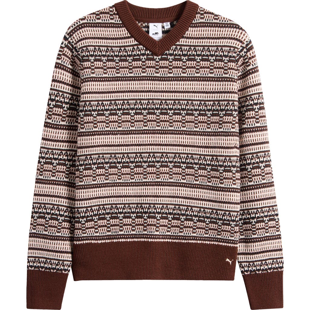 PUMA x The Brooklyn Circus Stripe Wool Blend V-Neck Sweater in Puma Black