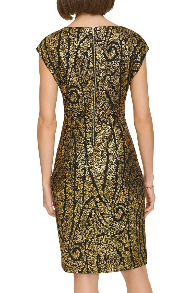 Tommy Hilfiger Floral Foiled Cap Sleeve Sheath Dress, Alternate, color, Black/ Gold