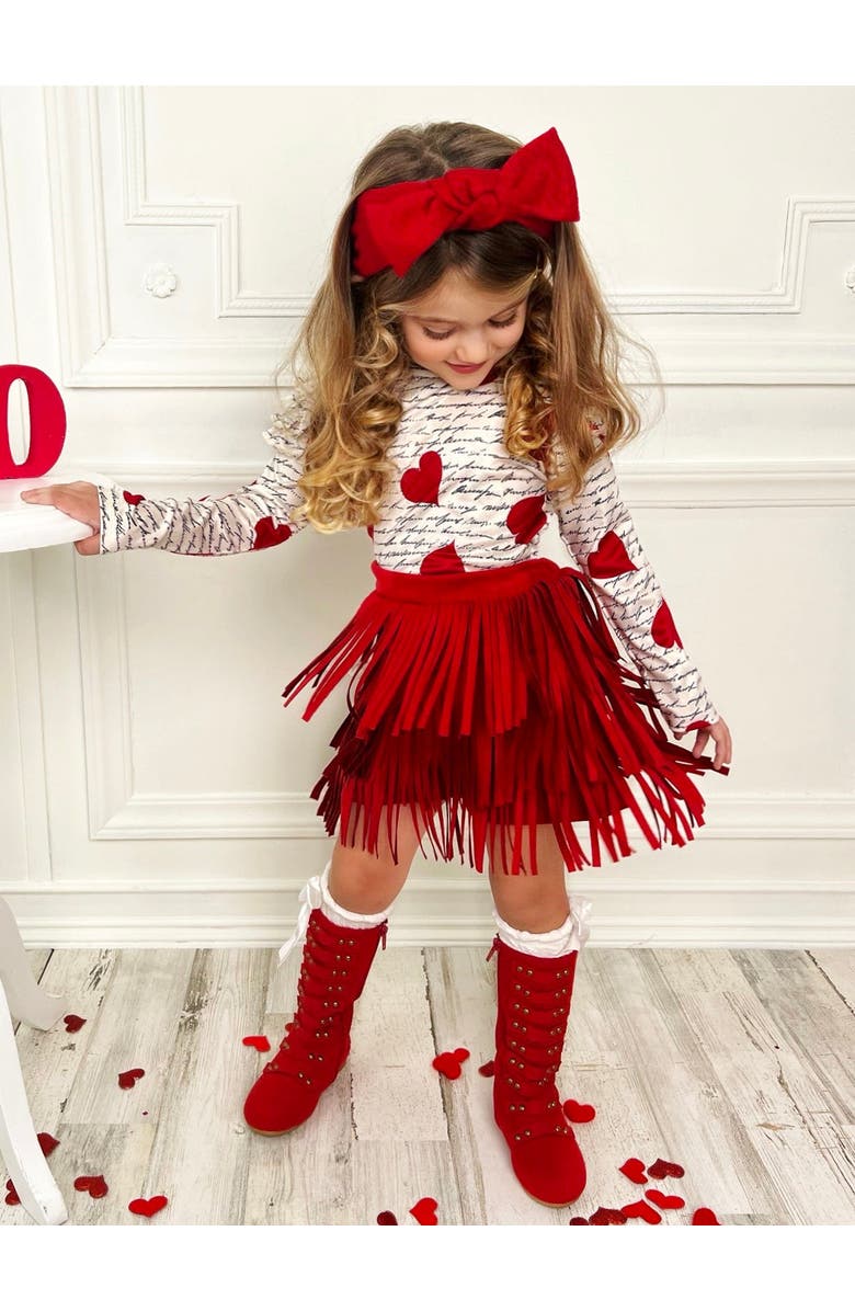 Mia Belle Girls My Love Language Top and Fringe Skirt Set, Alternate, color, Red
