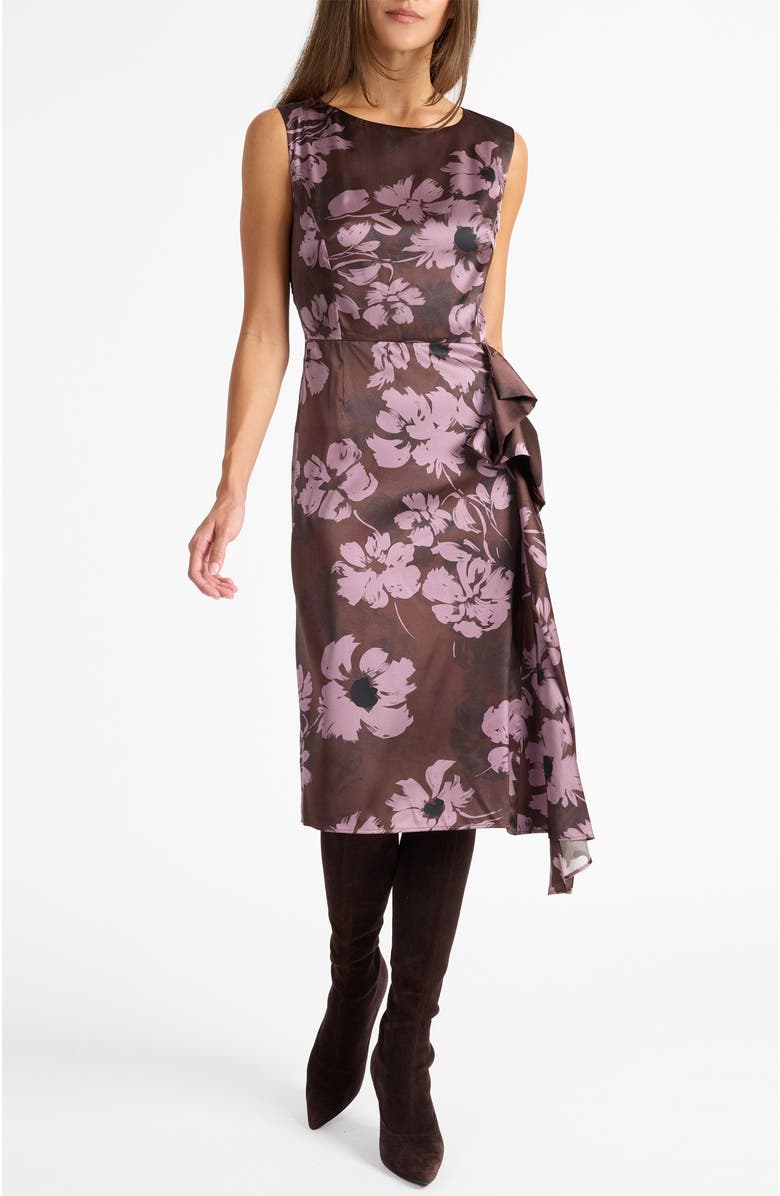 Santorelli Nica Sleeveless Dress with Side Ruffle in Floral Twill Crepe, Main, color, Raisin