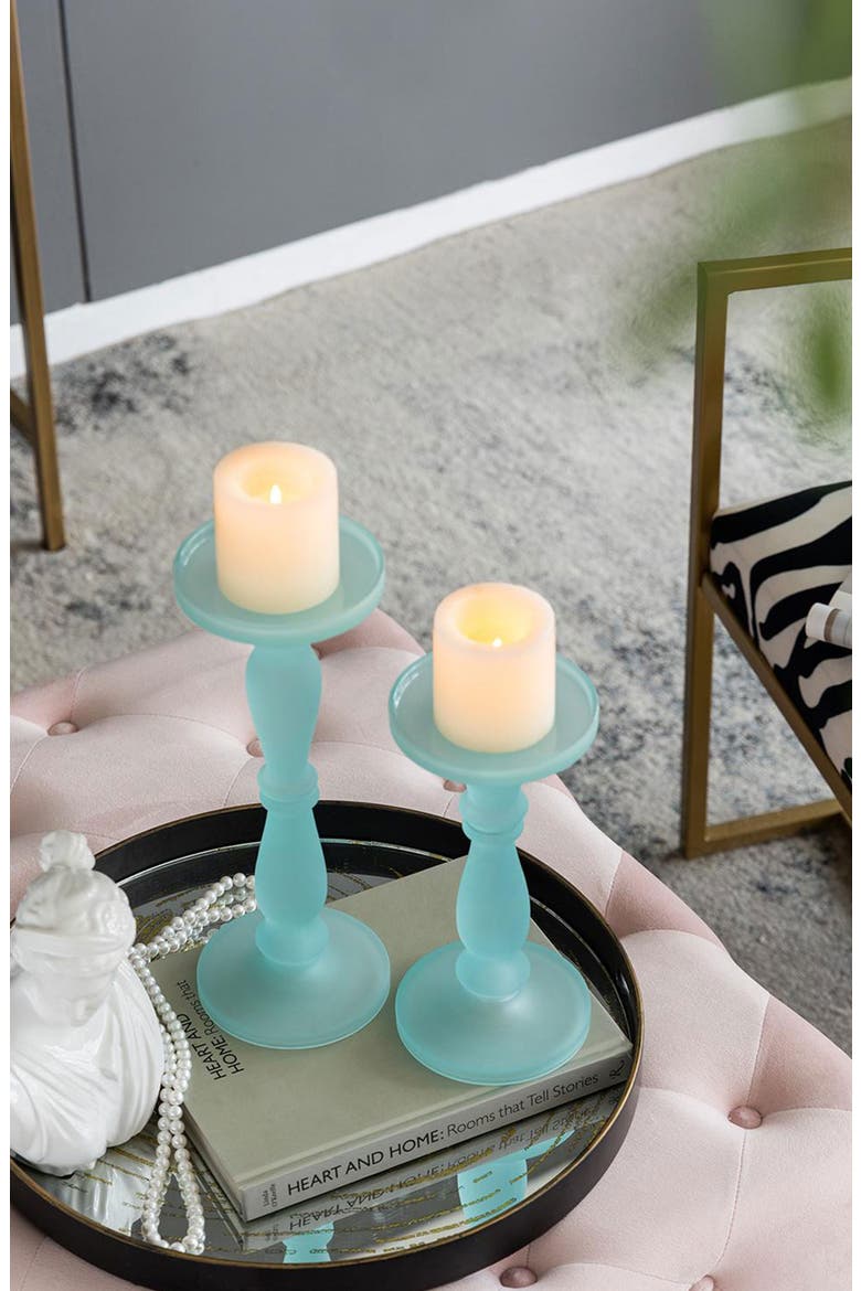 Set of Two Glass Pedestals, Alternate, color, FROST AQUA
