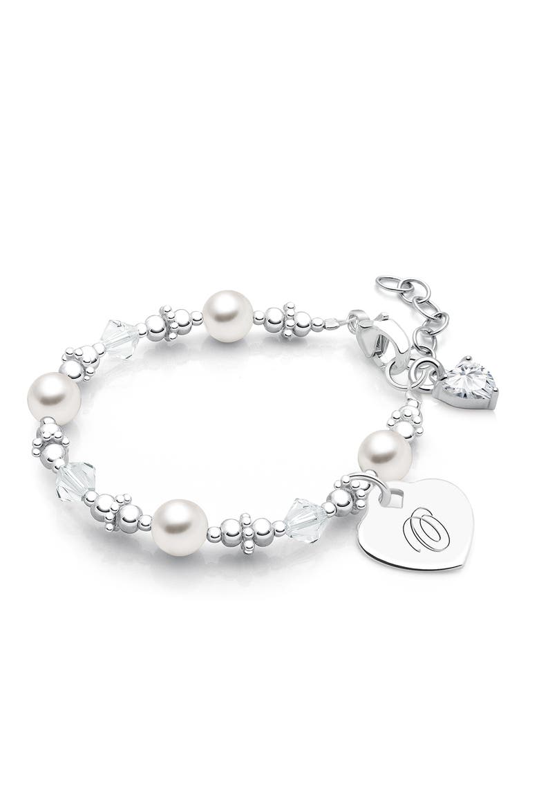 Sterling Silver Crystals & Pearls & Engraved Initial 5.25" Bracelet, Main, color, Silver - O