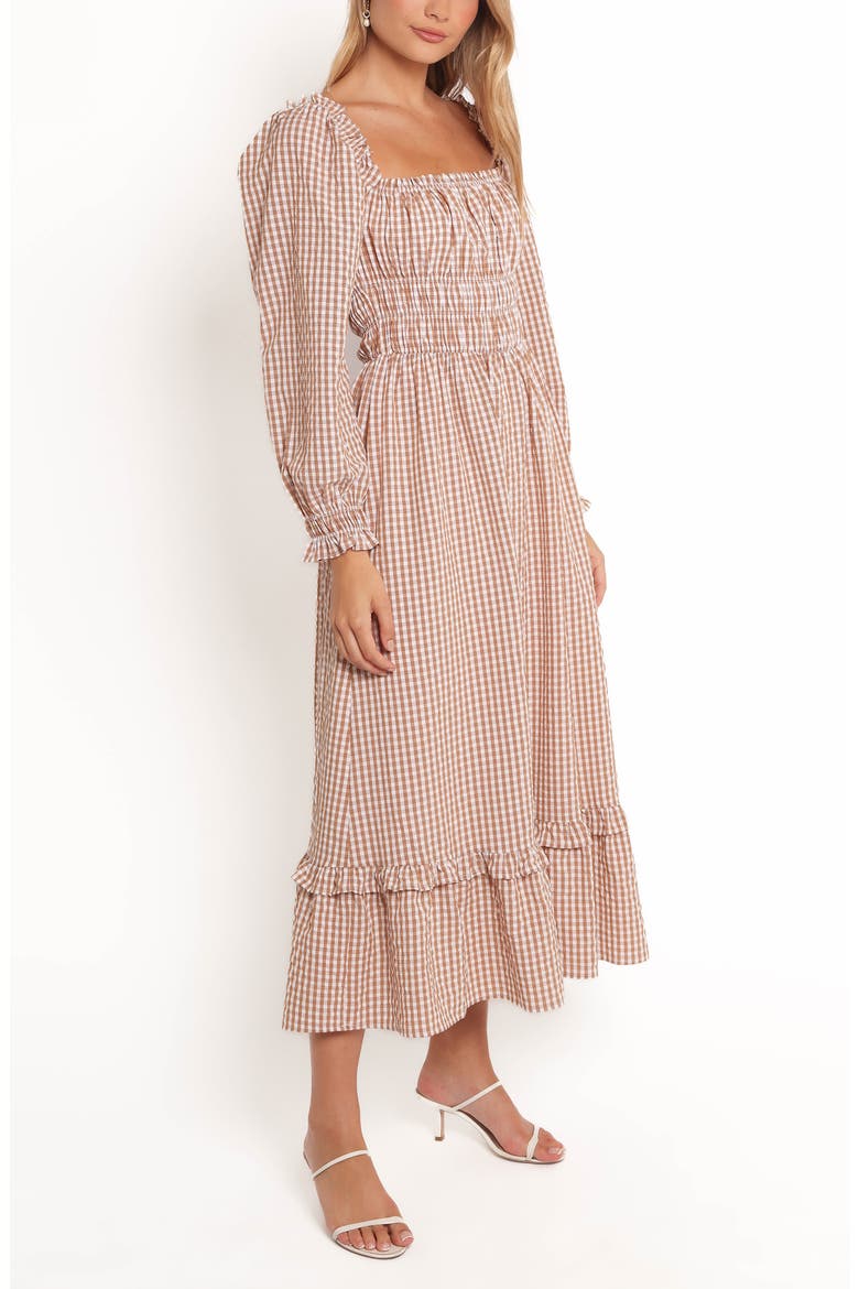 Torrie Shirred Long Sleeve Maxi Dress, Alternate, color, BROWN CHECK