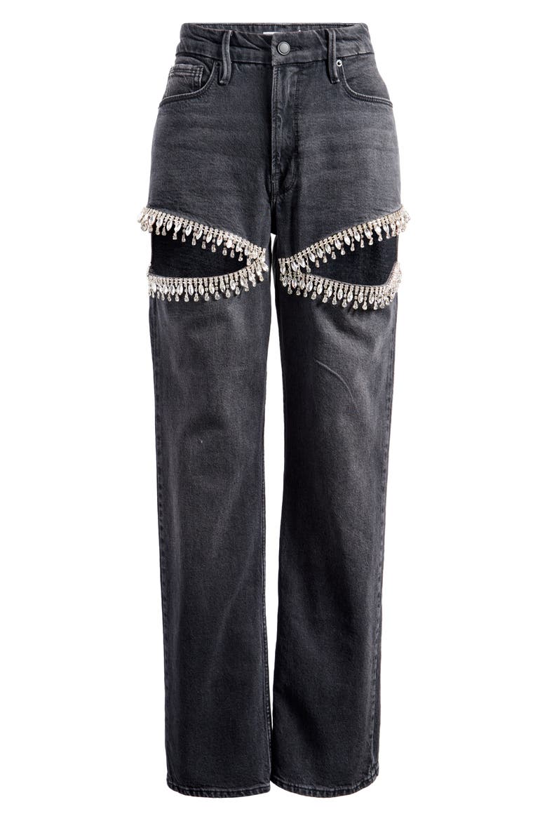 Good Icon Crystal Embellished Cutout Straight Leg Jeans, Alternate, color, BLACK376