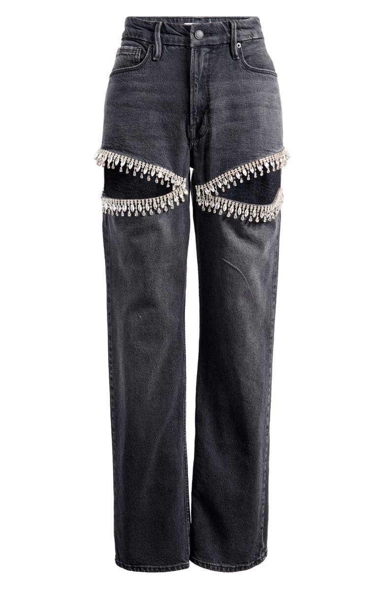 Good American Good Icon Crystal Embellished Cutout Straight Leg Jeans, Alternate, color, Black376