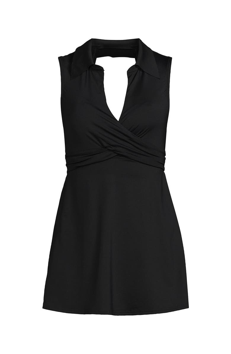 Lands' End Polo Collar Tie Front Swim Dress Swimsuit, Alternate, color, Black