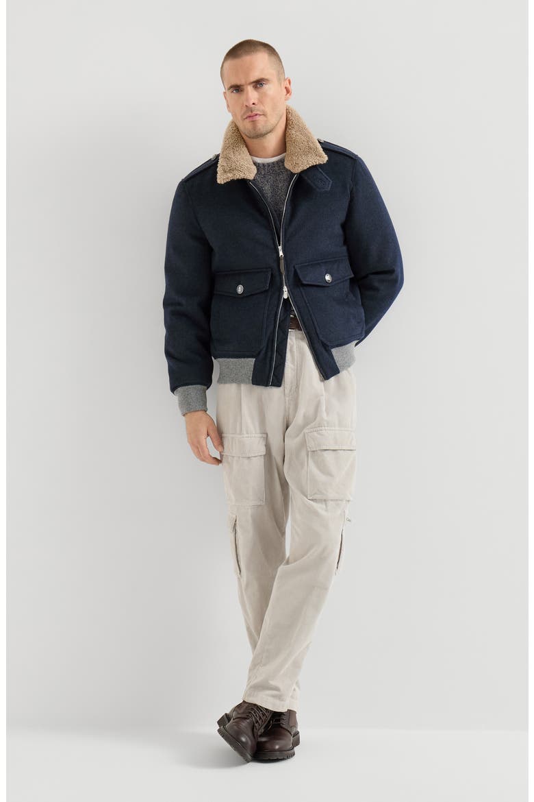 Bonded cashmere beaver cloth bomber jacket with Thermore® padding and detachable shearling collar, Alternate, color, Blue