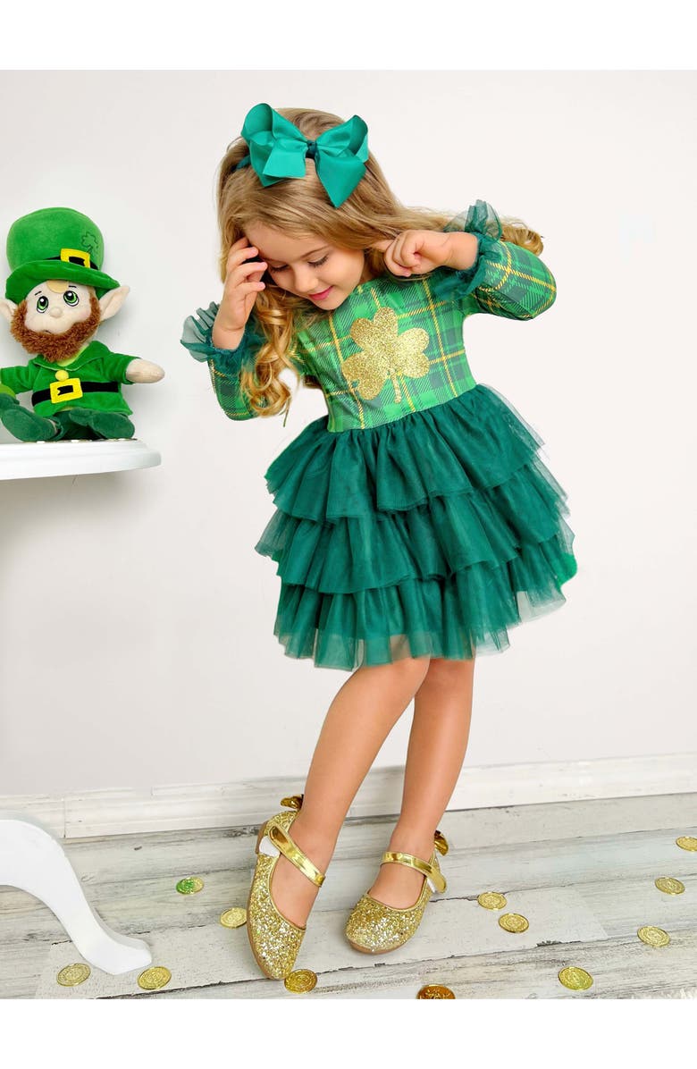 Mia Belle Girls Shimmering Shamrocks Tiered Tutu Dress, Alternate, color, Green