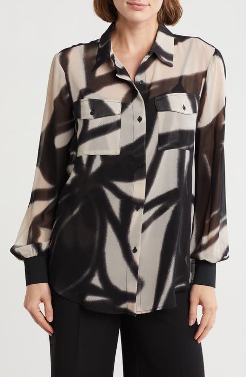 Abstract Print Chiffon Button-Up Shirt