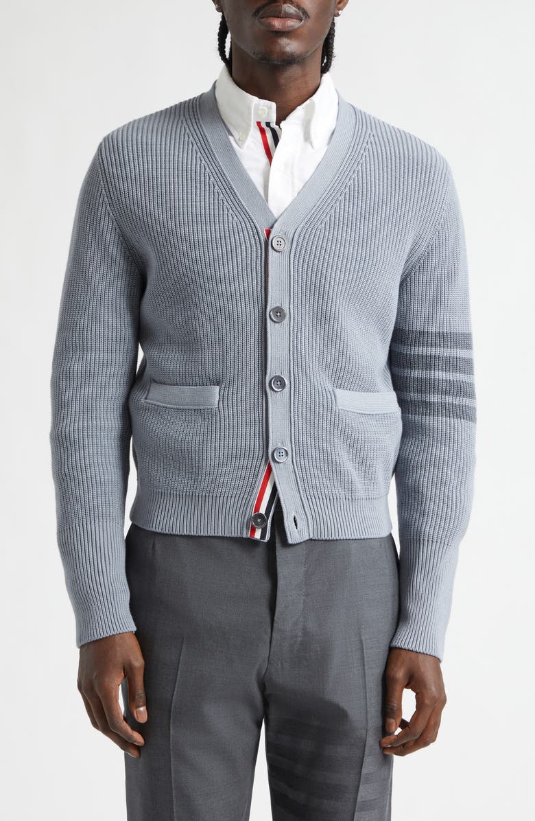 Thom Browne Garment Dyed 4-Bar Cotton Cardigan, Main, color, Light Grey