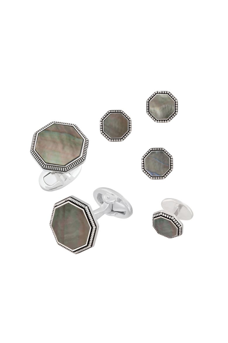 Octagon Antique Sterling Cufflinks & Studs, Main, color, GREY