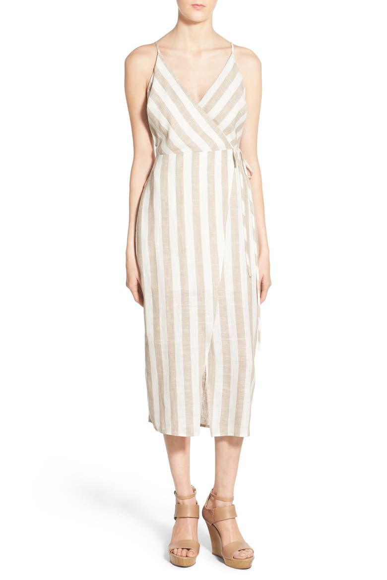 ASTR Linen Blend Wrap Dress, Main, color, WHITE-TAN