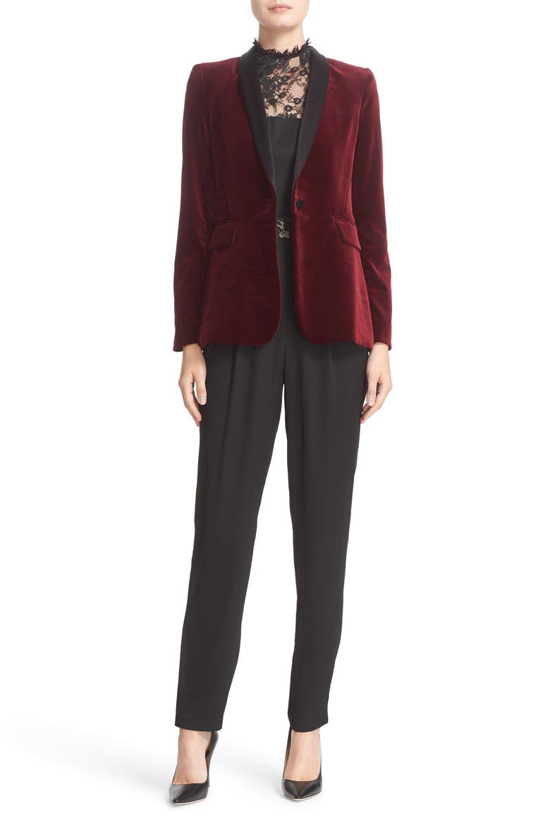 'Macey' Satin Lapel Velvet One-Button Blazer, Alternate, color, BORDEAUX/ BLACK