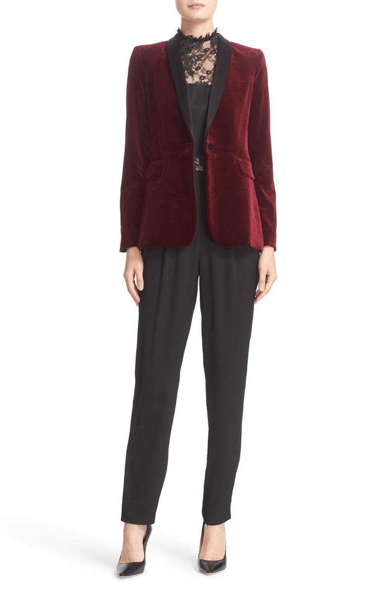 Alice + Olivia 'Macey' Satin Lapel Velvet One-Button Blazer, Alternate, color,