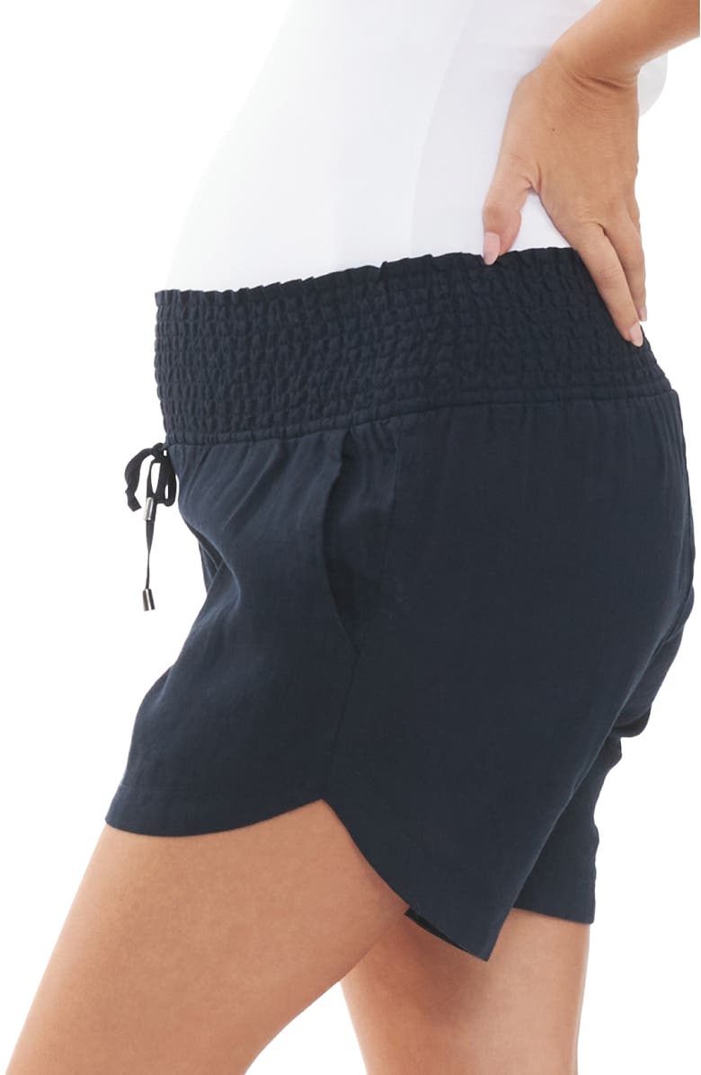 Ripe Maternity Indi Shirred Maternity Linen Short With Smocked Waist, Alternate, color, Navy