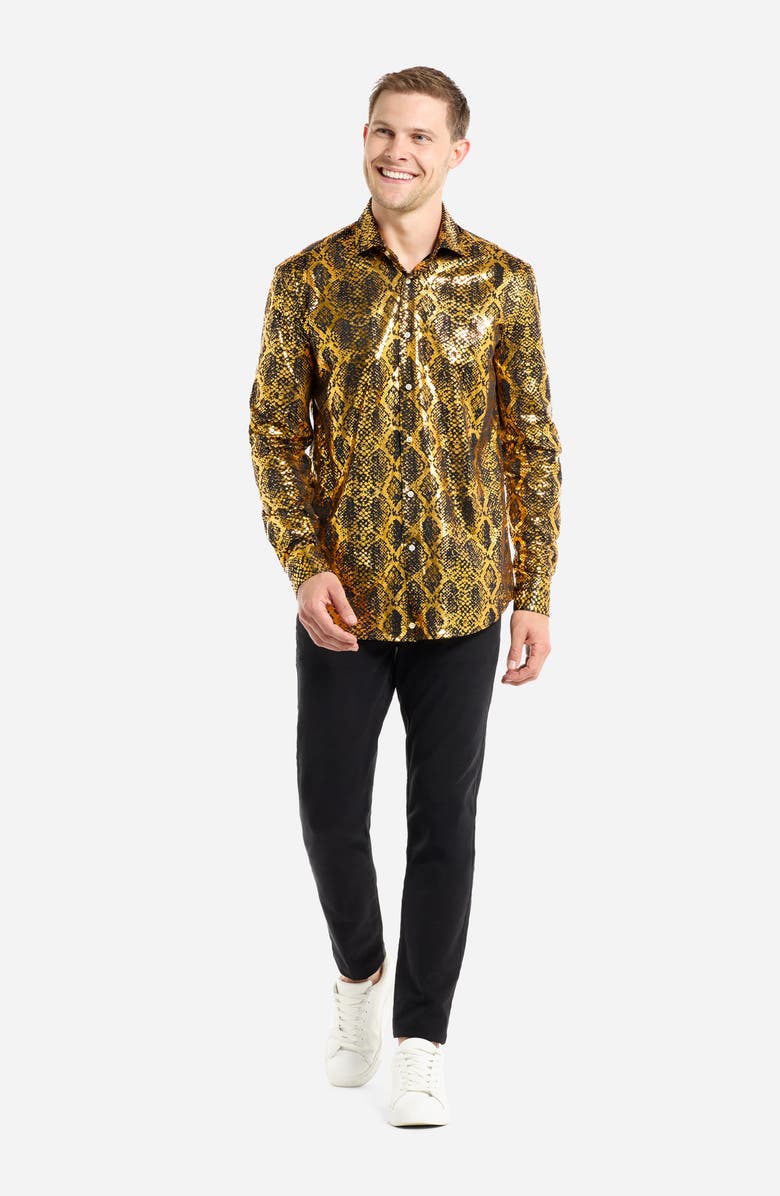 OppoSuits Modern Tailored Fit Shiny Snake Wrinkle Resistant Button-Up Shirt, Alternate, color, Gold