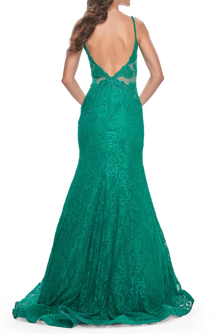Long Mermaid Lace Dress with Back Rhinestone Detail, Alternate, color, Jade