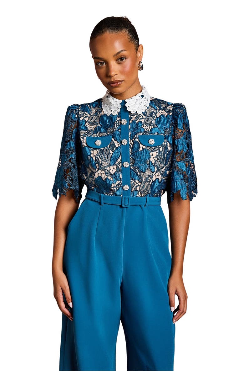 Coast Petite Lace Shirt Short Sleeve Jumpsuit, Alternate, color, Slate Blue