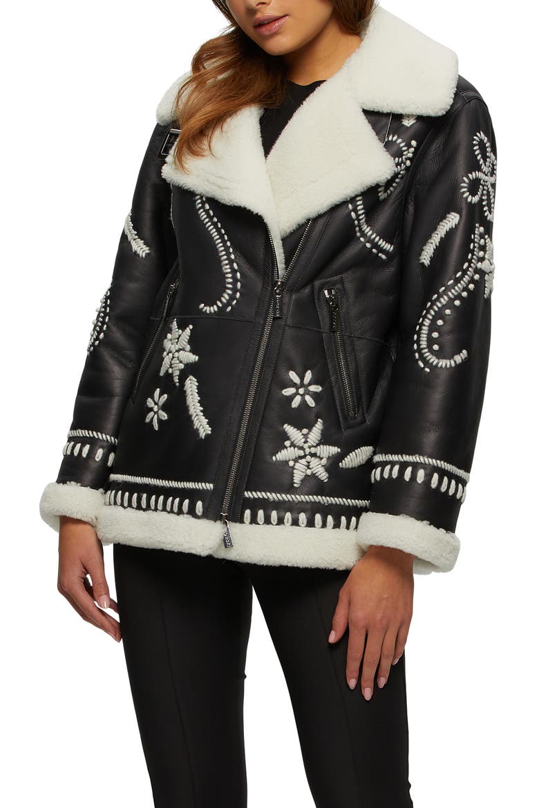 Genuine Shearling Jacket With Embroidery, Alternate, color, BLACK/WHITE