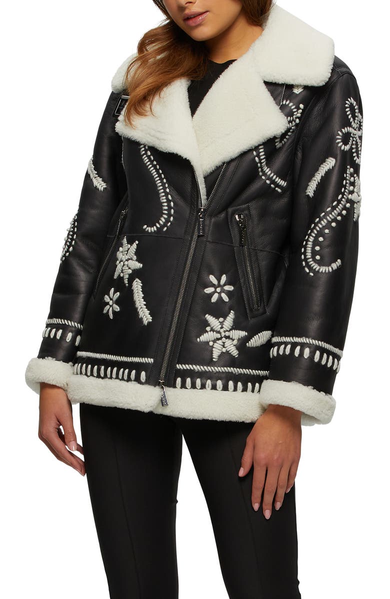 GORSKI Genuine Shearling Jacket With Embroidery, Alternate, color, Black/White