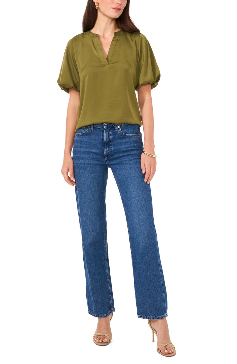 Vince Camuto Hammered Satin Puff Sleeve Top, Alternate, color, Olive Moss