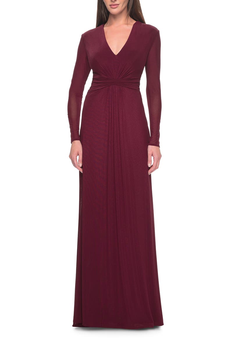 Long Sleeve Jersey Evening Dress with Ruching Detail, Main, color, Wine