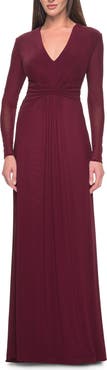 La Femme Long Sleeve Jersey Evening Dress with Ruching Detail