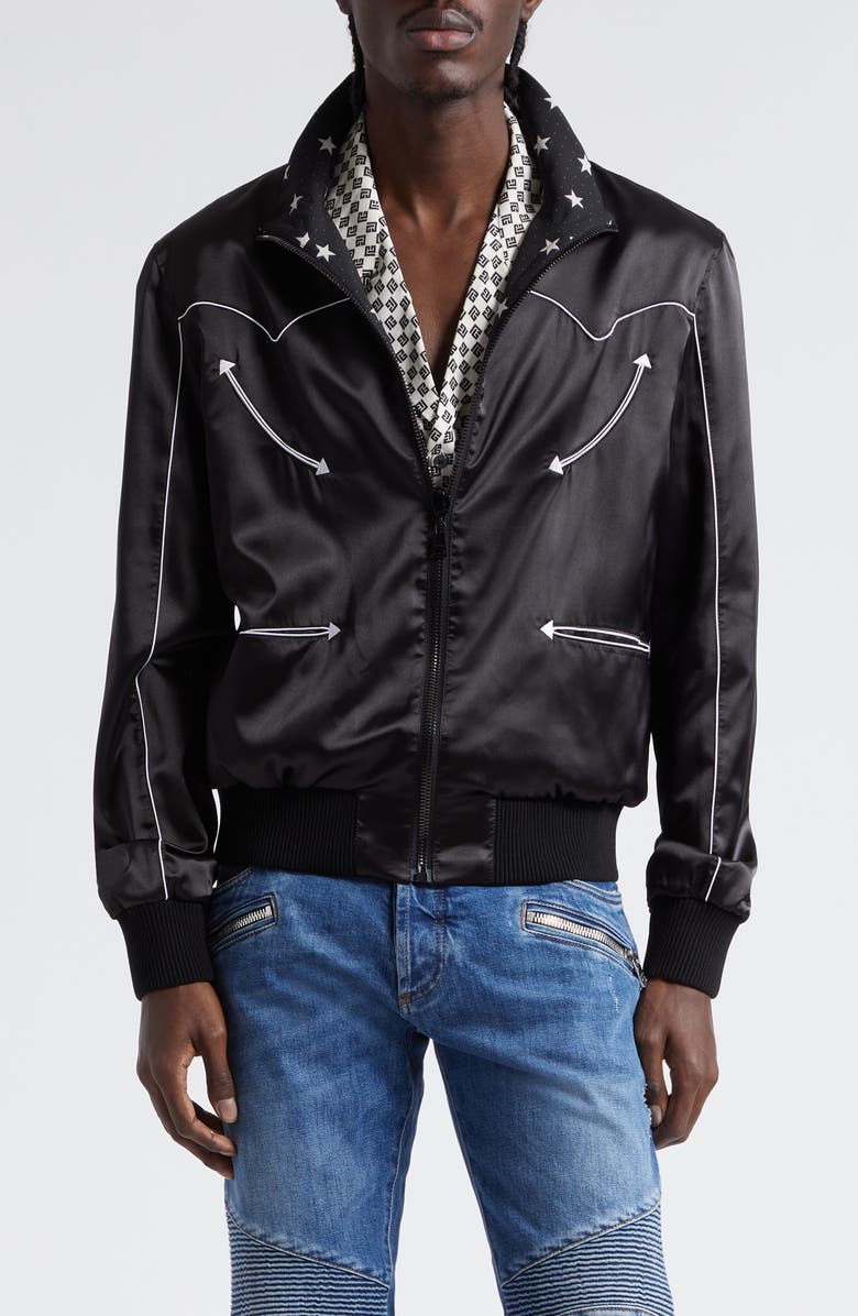 Balmain Reversible Satin Bomber Jacket, Main, color,