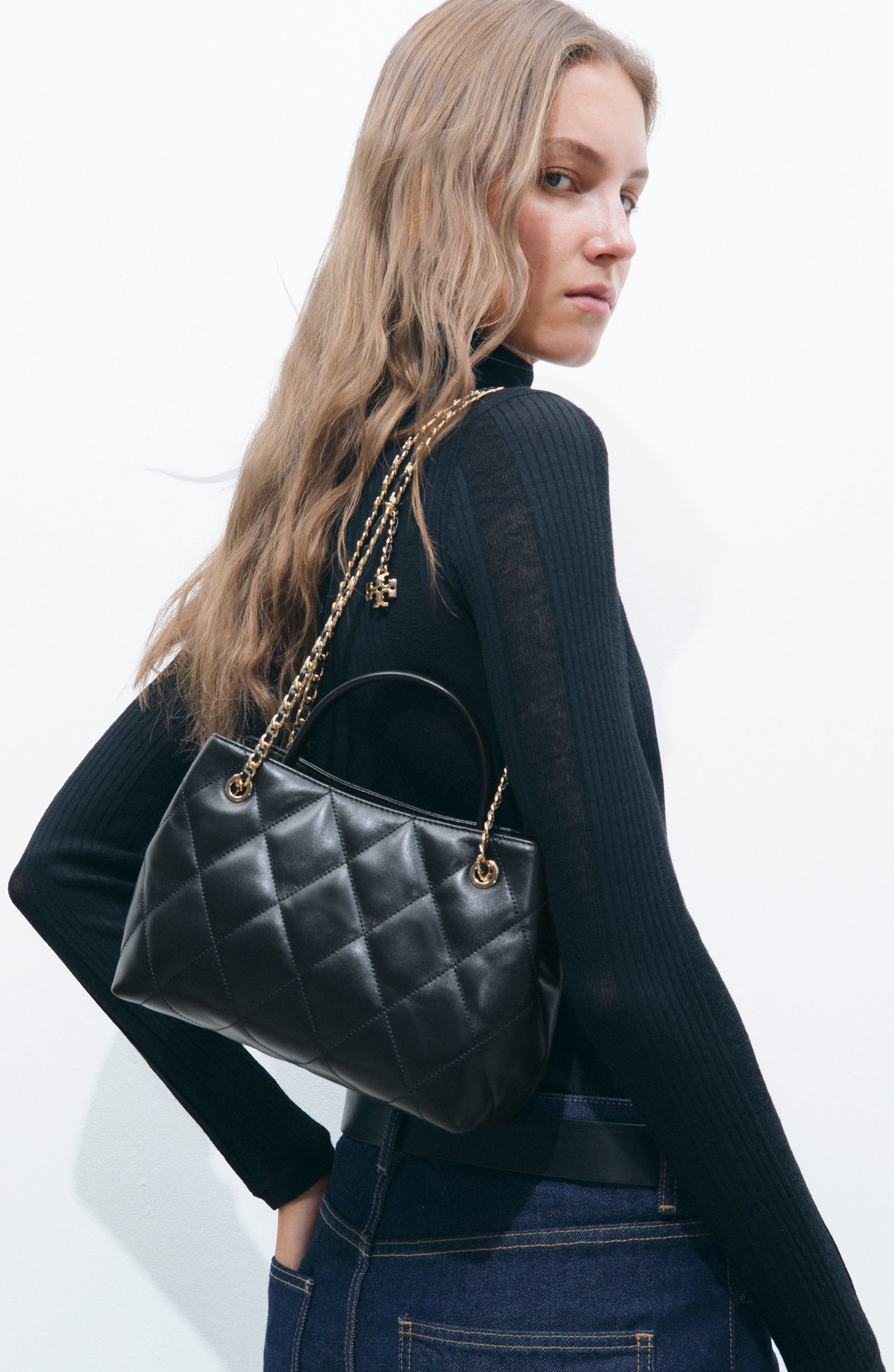 Fleming Small Leather Carryall, Alternate, color, BLACK