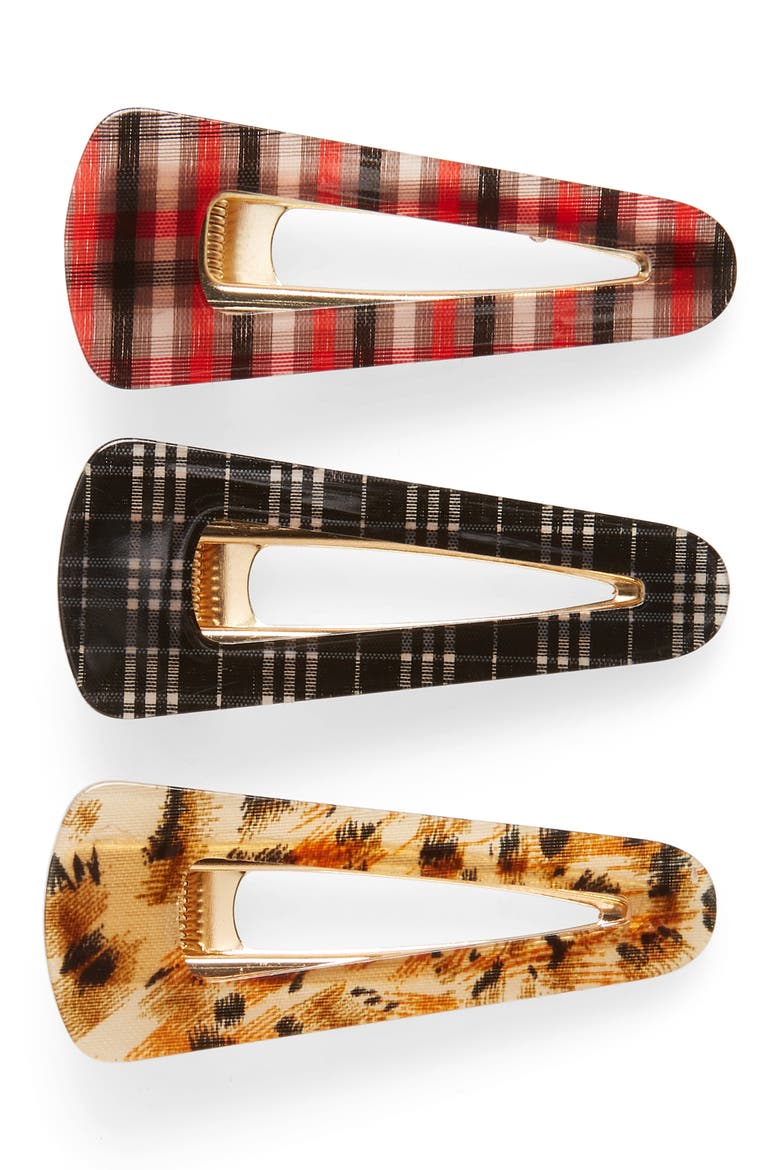 3-Pack Plaid Hair Clips, Main, color, RED COMBO