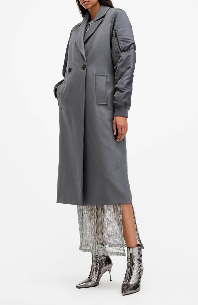 AllSaints Paulah Mixed Media Wool Blend Coat, Alternate, color, Eiffel Grey