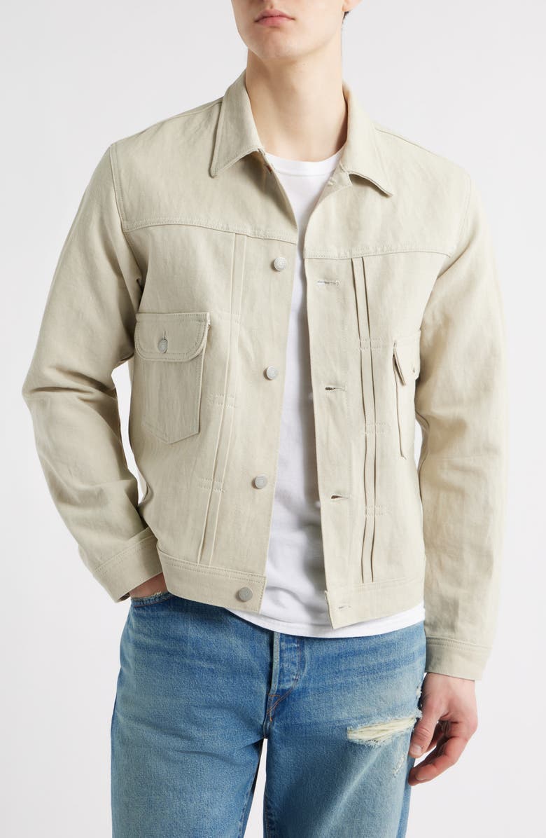 EDWIN Tan Cotton & Linen Twill Trucker Jacket, Main, color, Ecru