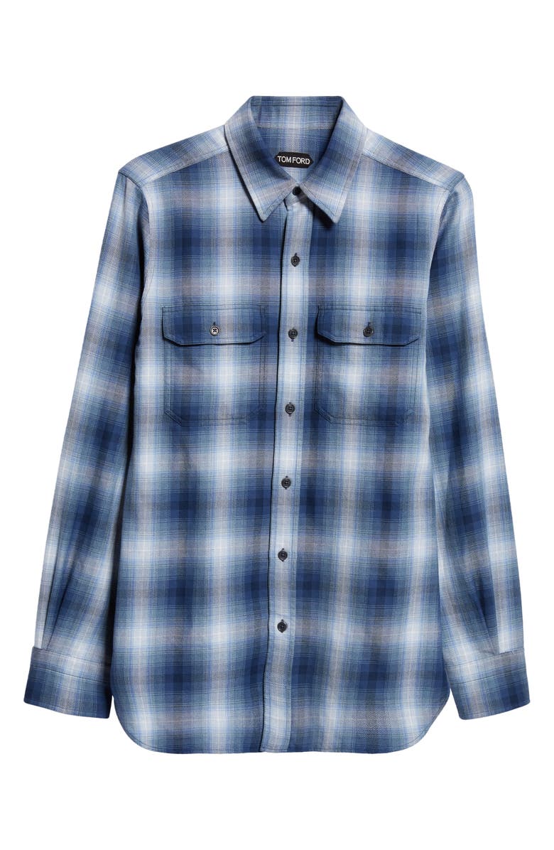 TOM FORD Ombré Plaid Military Fit Cotton Shirt, Alternate, color, Combo Blue