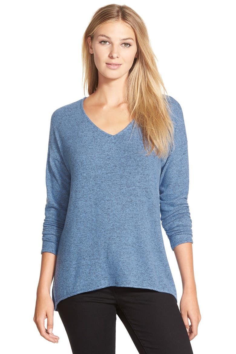 Gibson 'Yummy Fleece' High/Low V-Neck Pullover, Main, color, BLUE