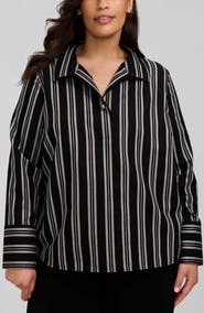 Foxcroft Catalina Stripe Cotton Blend Popover Top
