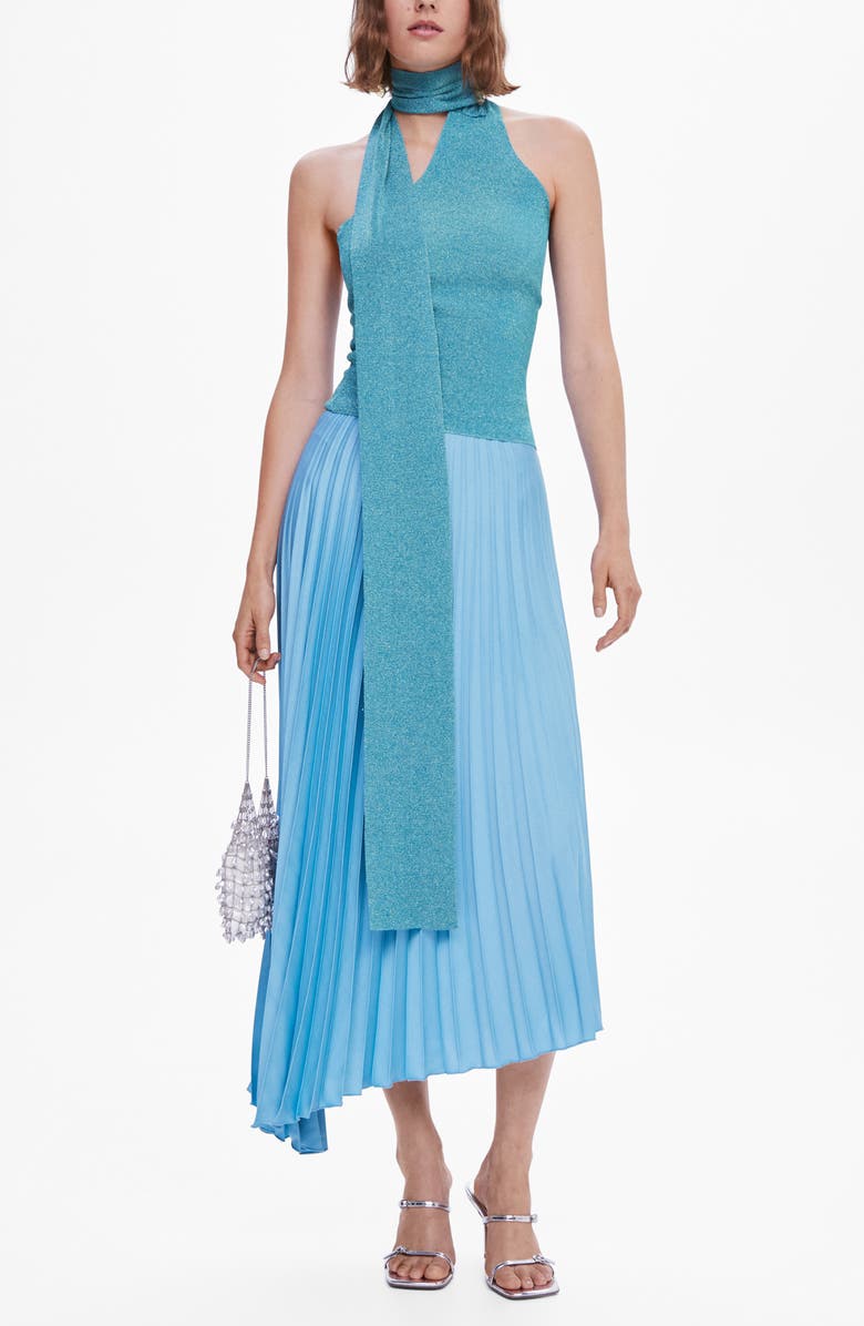 MANGO Pleated Asymmetric Hem Satin Skirt, Alternate, color, 