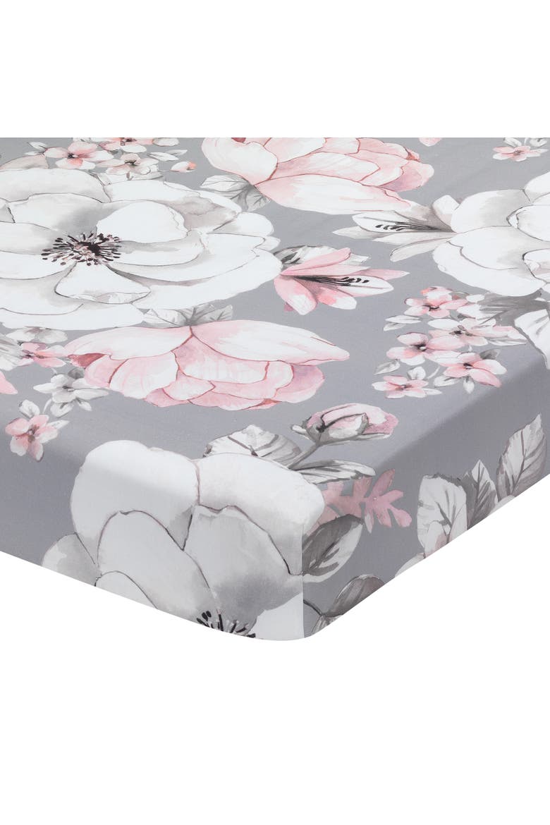 Signature Botanical Baby Watercolor Floral Cotton Crib Sheet, Main, color, Gray