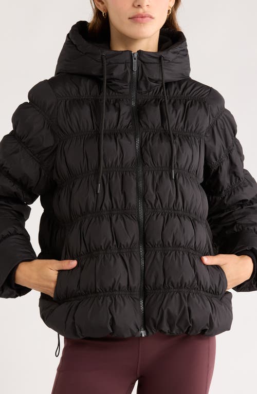 Zella Shirred Channel Quilted Water Repellent Hooded Jacket In Black