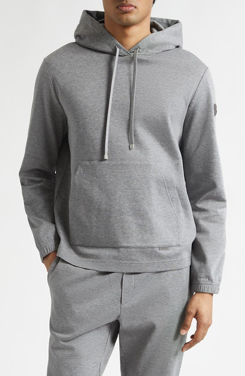 Moncler Leather Logo Patch Cotton Blend Hoodie, Main, color, Medium Gray Melange
