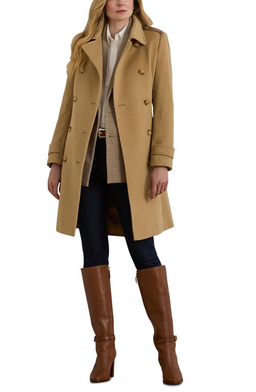 Ralph Lauren Lauren  Faux Leather Detail Wool Blend Coat In Brown
